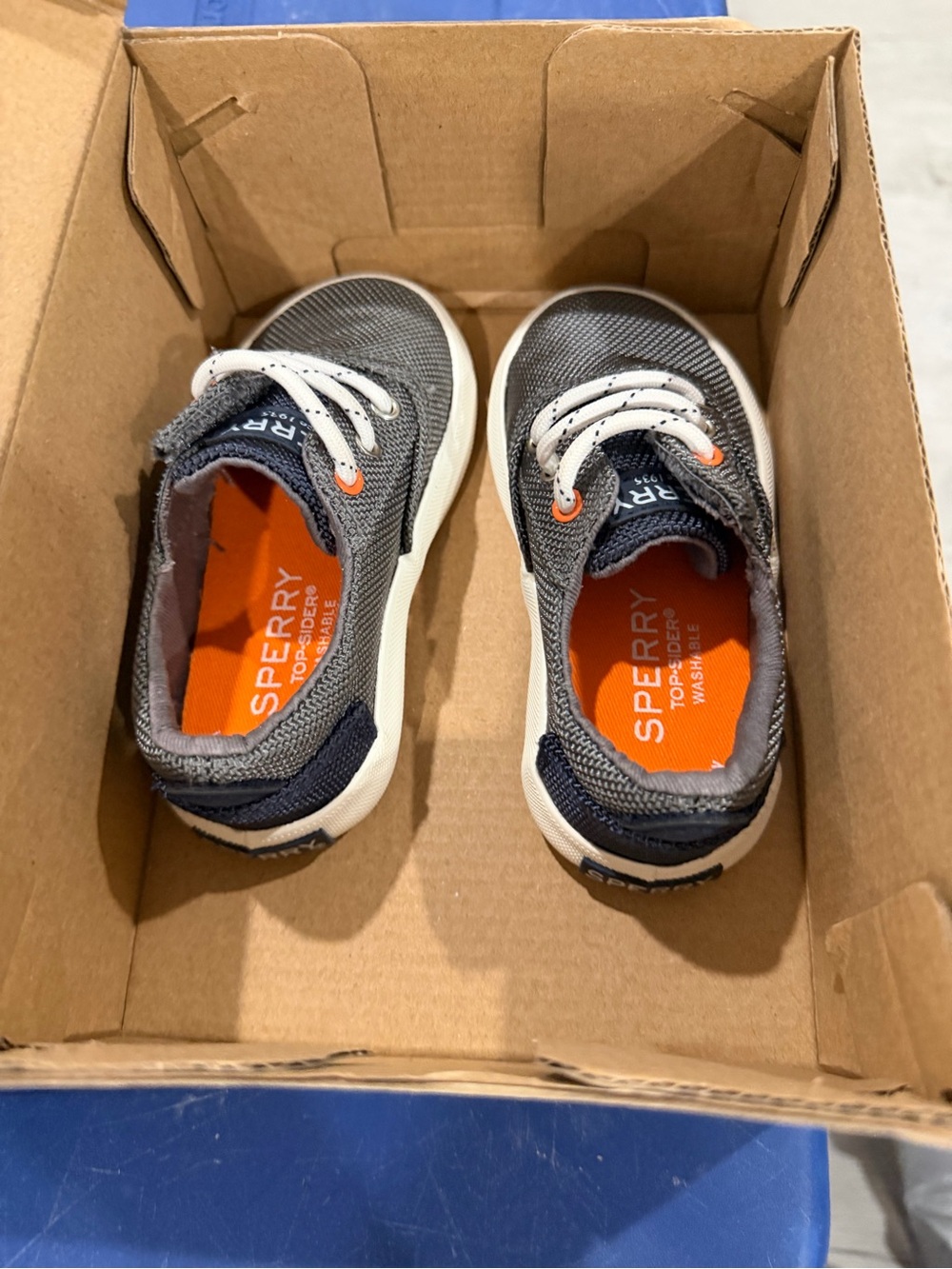 Sperry Kids Gray Canvas Sneakers with Navy and Orange Details
